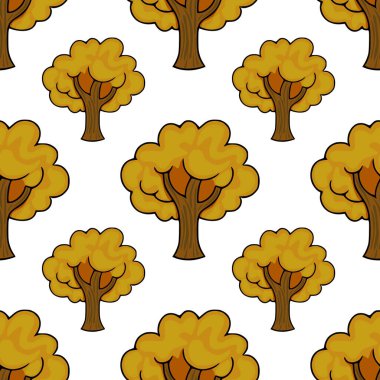 Altın yapraklı ve kahverengi gövdeli biçimlendirilmiş sonbahar ağaçlarının pürüzsüz vektör deseni, temiz beyaz arka planda dizilmiş..