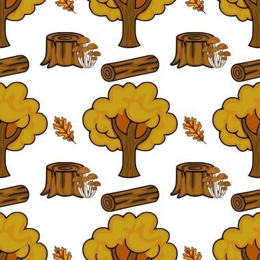 Düşen kütükler, ballı ağaç kütükleri ve meşe yaprakları gibi güz orman elementlerini içeren kusursuz bir vektör deseni, kalın hatları olan sıcak, dünyevi bir renk paleti oluşturur..