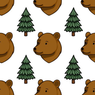 Dost canlısı kahverengi ayı yüzleri ve tuhaf bir ormanda yeşil ağaçların kusursuz vektör deseni..