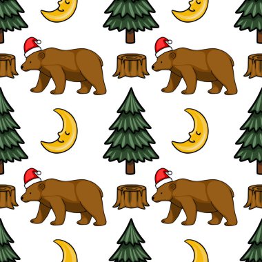 Beyaz arka planda, Noel Baba şapkaları, çam ağaçları ve hilal ayıları olan sevimli çizgi film ayıları içeren kusursuz vektör deseni, tuhaf bir kış ormanı temasını çağrıştırıyor..