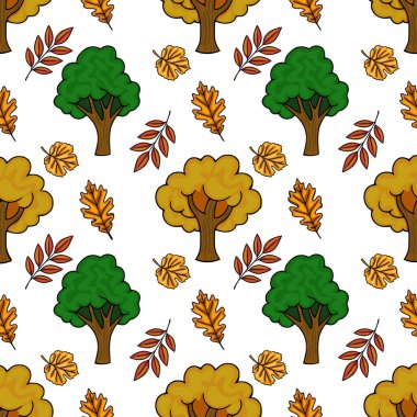 Şekillendirilmiş sonbahar ağaçları, yeşil ve altın yapraklar ve dökülen yapraklar içeren kusursuz bir vektör deseni..