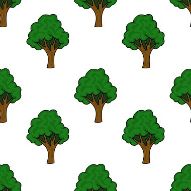 Temiz beyaz bir arkaplan karşısında kahverengi gövdeli, biçimlendirilmiş yeşil ağaçların kusursuz tekrarlayan vektör deseni, basit, büyüleyici bir orman estetiğini çağrıştırıyor..