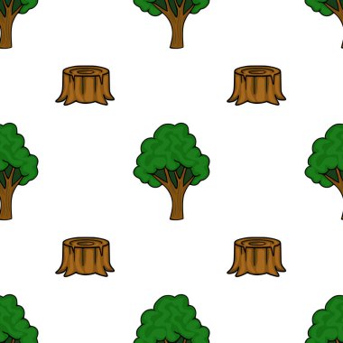 Çizgi film ağaçlarının kusursuz vektör deseni ve beyaz arka plandaki kütükler doğayı ve ormansızlaşmayı temsil ediyor..