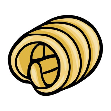 Stylized vector illustration of a rolled butter curl with a rich golden hue and bold black outlines.