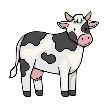 Adorable black and white cow with pink accents, isolated vector illustration.