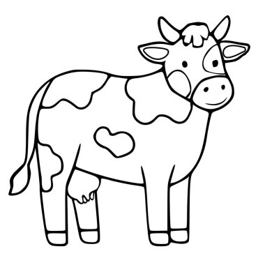 A charming vector illustration of a black and white spotted cow with a friendly expression, rendered in a simple, clean line art style.