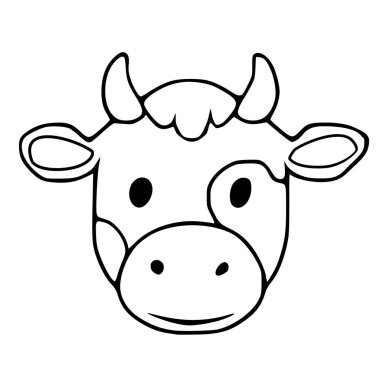 Dost canlısı bir ineğin, kendine özgü benekleri ve basit bir taslak tarzla sunulmuş nazik bir gülümsemesi olan tuhaf bir vektör çizimi..