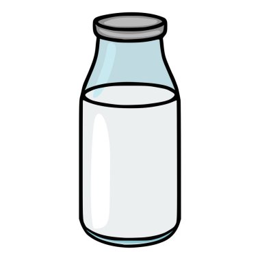 A simple, clean vector illustration of a glass bottle filled with white milk and a gray cap.