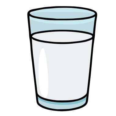 Beyaz sıvıyla dolu bir bardağın temiz, basit bir vektör çizimi, muhtemelen süt, kenarı ve tabanı hafif açık mavi renkte, saf beyaz arkaplan üzerine kurulmuş..