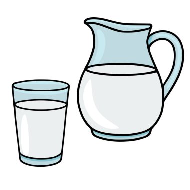 Clean vector illustration of a glass and pitcher filled with fresh milk, suitable for food and drink related designs.