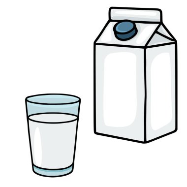 Beyaz süt kutusunun minimalist vektör çizimi. Mavi kapaklı ve beyaz arka planda izole edilmiş bir bardak sütle..