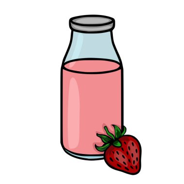 A charming vector illustration of a glass bottle filled with pink strawberry milk, accompanied by a ripe strawberry.