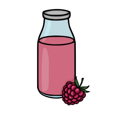 Pembe ahududu sıvısıyla dolu, olgun ahududu ve yeşil yapraklarla süslenmiş bir cam şişenin tuhaf temsili..