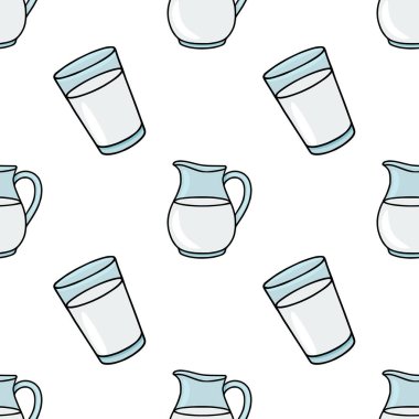 Süt sürahileri ve beyaz sıvı ve açık mavi aksanlarla dolu bardakların sade ve stilize çizimlerini içeren şakacı, pürüzsüz bir vektör deseni..