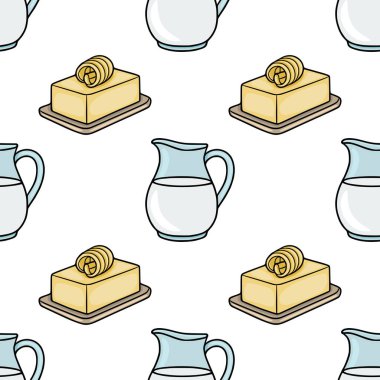 Süt ürünlerinin kusursuz vektör şablonu, stilize süt sürahileri ve bukleli tereyağı porsiyonları, temiz beyaz arkaplan karşı ayarlanır.