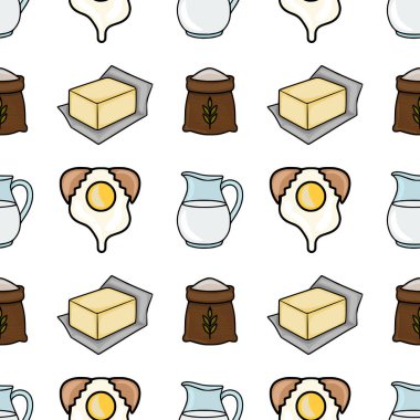Seamless vector pattern featuring dairy products, a sack of flour, and a fried egg.