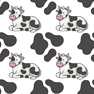 Vektör - Holstein siyah beyaz benekli şirin çizgi film ineği, soyut siyah lekelerle tekrar eden bir desen ile tasvir edilmiş, beyaz arka planda izole edilmiş, oyuncu tasarımlar için mükemmel.