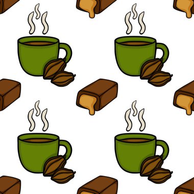 Charming seamless vector pattern featuring steaming cups of coffee, cocoa beans, and chocolate bars, perfect for culinary themes.