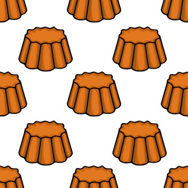 Seamless vector pattern of stylized orange fluted cakes with dark outlines on a white background.