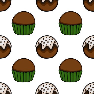 Seamless vector pattern of delicious chocolate cupcakes in green wrappers, some topped with white icing and dark chocolate chips.