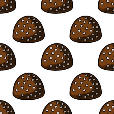 A charming seamless vector pattern featuring stylized chocolate candies with white speckles on a white background.
