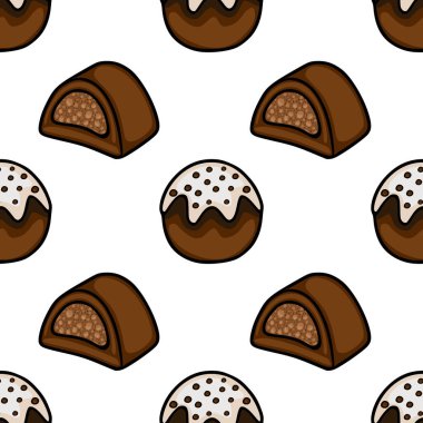 Detaylı dokuları olan çeşitli çikolata şekerleri içeren kusursuz bir vektör deseni, beyaz arka planda temiz ve açıklayıcı bir şekilde sunulmaktadır..