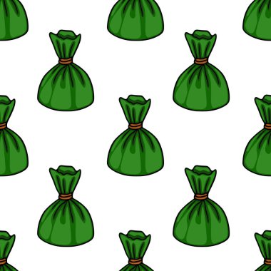 Seamless vector pattern of stylized green gift bags tied with a brown string, presented in a playful, illustrative style against a clean white background.