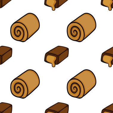 Seamless vector pattern featuring stylized chocolate bars and caramel rolls on a white background, perfect for food-themed designs and packaging.