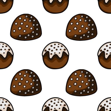 A delightful seamless vector pattern featuring various chocolate confections with white icing and speckled toppings, perfect for confectionery branding and packaging.