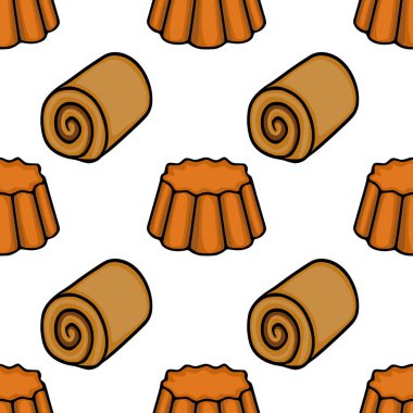 A charming vector pattern featuring warm brown baked goods, including swiss rolls and fluted cakes, set against a clean white background, perfect for culinary designs.