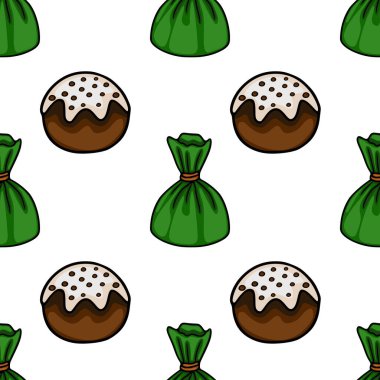 A delightful vector pattern featuring green wrapped candies and chocolate cakes adorned with white icing and sprinkles, set against a clean white background.