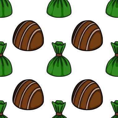 A delightful seamless vector pattern featuring assorted chocolates, with rich brown pralines and vibrant green candy wrappers, set against a clean white background.