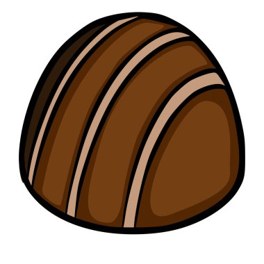 A stylized vector illustration of a single, rich brown chocolate truffle with delicate lighter brown and black stripes, presented on a clean white background.