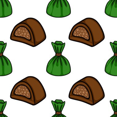 A charming vector pattern featuring stylized chocolate candies with textured fillings and vibrant green wrappers, evoking a sweet and delightful confectionery theme.