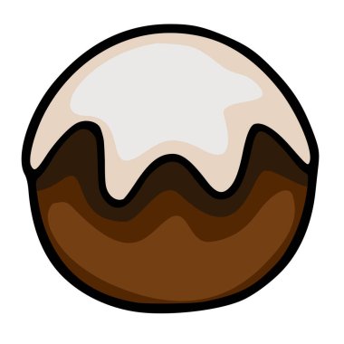 A charming vector illustration of a round chocolate cake with white frosting, featuring smooth, layered brown tones and a bold black outline.