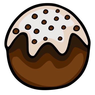 Stylized vector illustration of a chocolate chip cookie with creamy white frosting and rich brown layers.