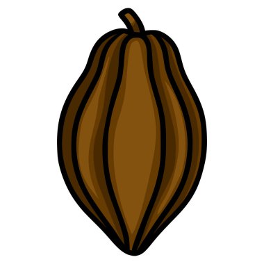 A stylized vector illustration of a single cocoa pod, featuring rich brown tones and bold black outlines, isolated on a clean white background.