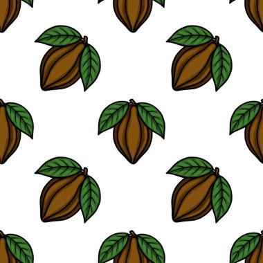 Seamless vector pattern of stylized cocoa pods with green leaves, perfect for food and drink backgrounds.