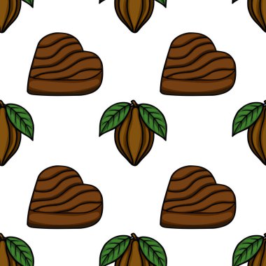 Seamless vector pattern of stylized chocolate pralines and cocoa pods with leaves.