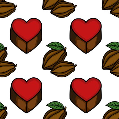 A charming vector pattern featuring heart-shaped chocolates and cocoa pods, perfect for confectionery branding and sweet-themed designs.