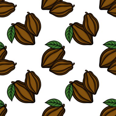 Seamless vector pattern of stylized brown cocoa pods with green leaves, showcasing a simple, repeating design perfect for food-related backgrounds.