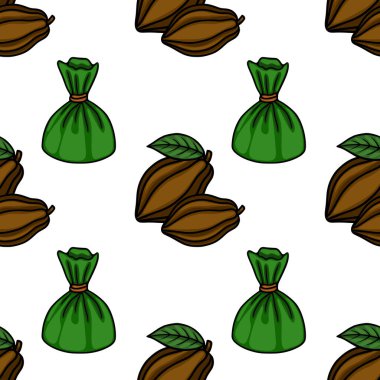 Şekillendirilmiş kakao kabuklarının kusursuz vektör deseni ve paketlenmiş çikolatalar, temiz beyaz bir arka plan ve çarpıcı bir görünüş için koyu siyah ana hatlar.