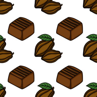 A charming vector pattern featuring rich brown chocolate bars and fresh cocoa pods with vibrant green leaves, set against a clean white background, perfect for confectionery branding and packaging.