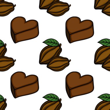 Seamless vector pattern of chocolate heart candies and cocoa pods with green leaves, rendered in a charming, simplistic style.