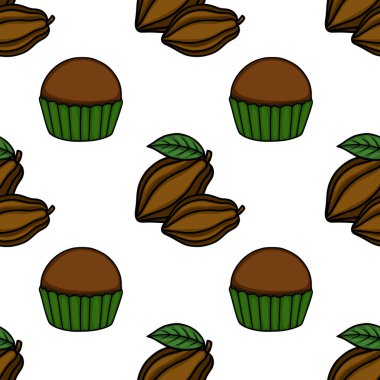 A delightful seamless vector pattern featuring stylized cocoa pods with leaves and chocolate cupcakes in a playful, hand-drawn cartoon style on a clean white background.
