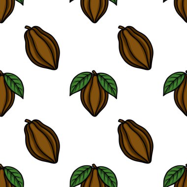 Seamless vector pattern of stylized cocoa pods with vibrant green leaves on a clean white background, evoking a fresh and natural feel for food and beverage branding.