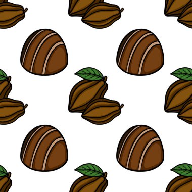 Seamless vector pattern of stylized chocolate candies and cocoa pods with leaves on a white background.