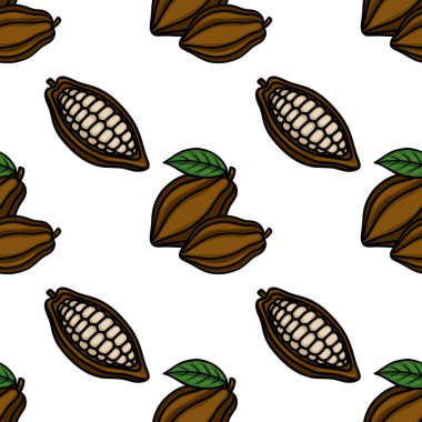 Seamless vector pattern featuring stylized cocoa pods and split halves with visible beans, accented by green leaves on a clean white background.