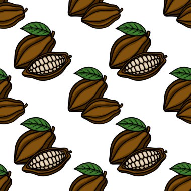 Seamless vector pattern featuring stylized brown cocoa pods with visible white beans inside, accented by vibrant green leaves on a clean white background.