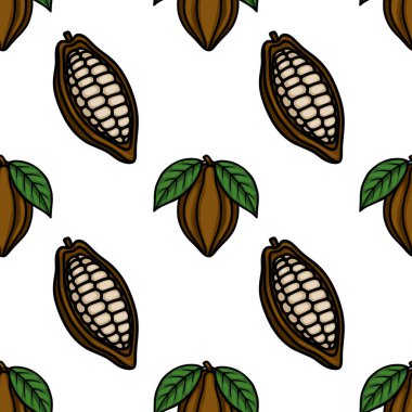 Seamless vector pattern of stylized cocoa pods with visible beans and green leaves, set against a white background, evoking a natural and artisanal food theme.